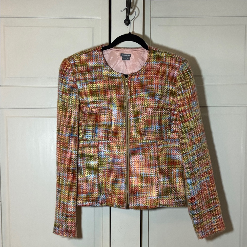 Anthracite Multicolor Tweed Lined Zip Jacket in Peach, Yellow, Pink. Size 10 EUC